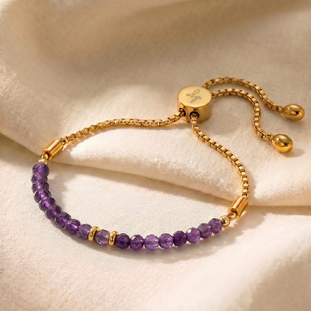 Gold February birthstone amethyst bracelet with 4mm genuine purple amethyst beads on adjustable slider chain