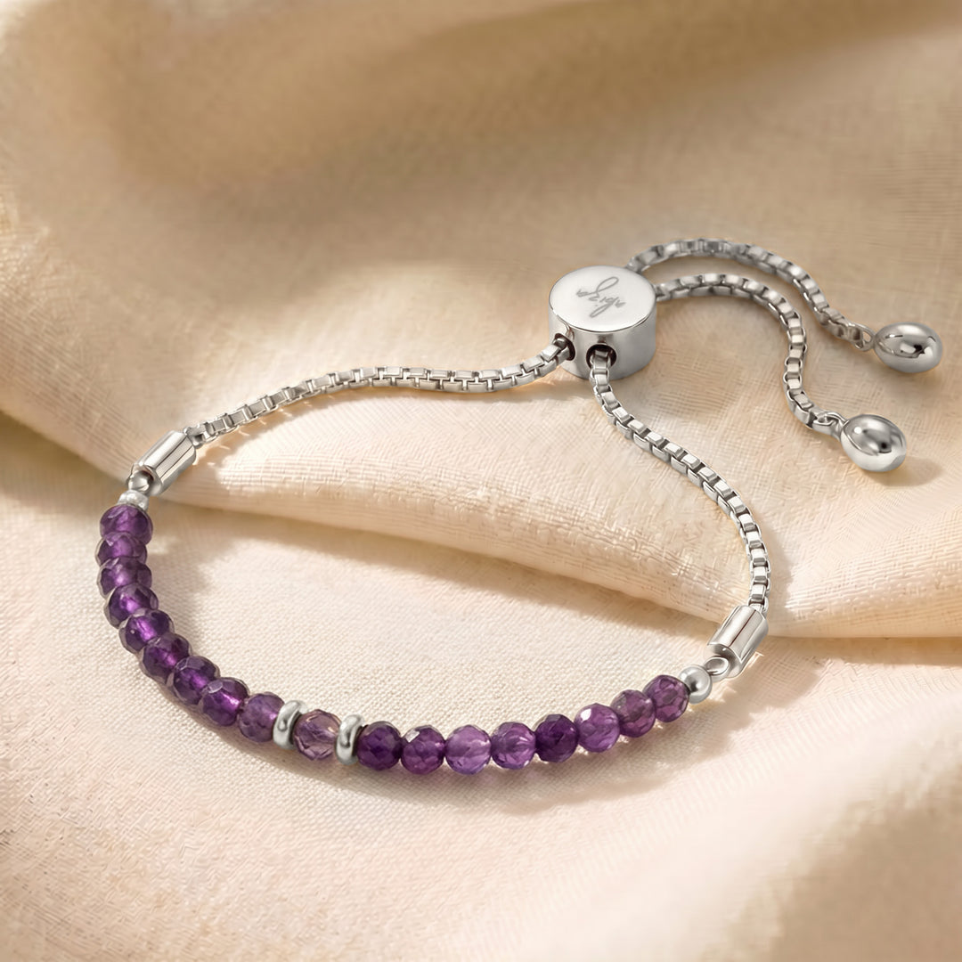 Silver February birthstone amethyst bracelet with adjustable slider chain