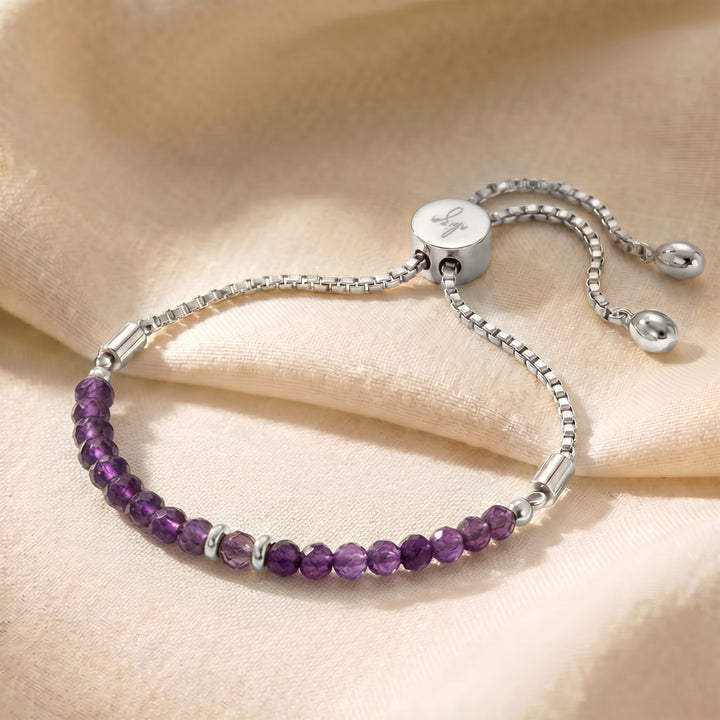 Silver February birthstone amethyst bracelet with adjustable slider chain