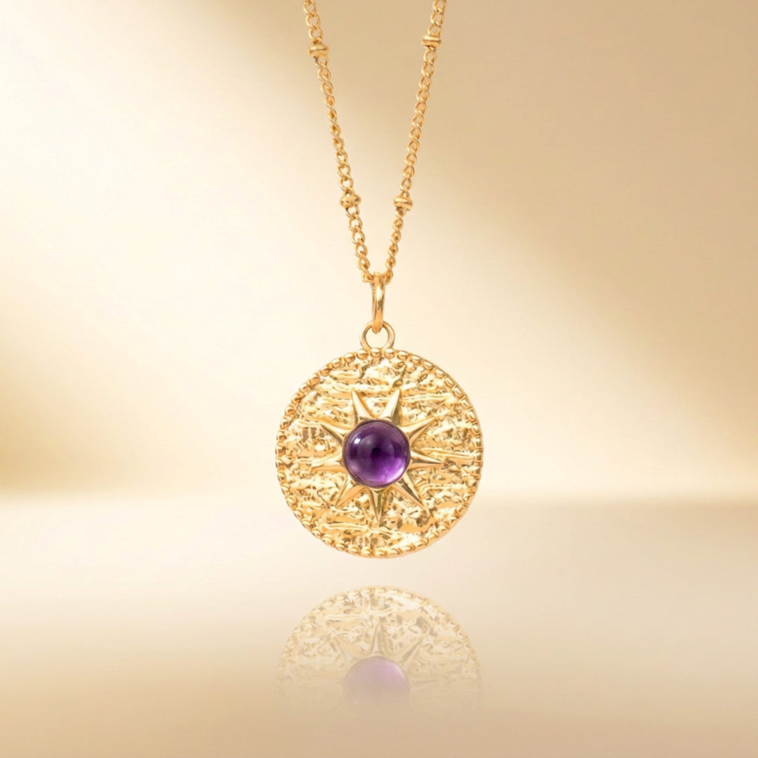 Gold amethyst sun necklace — real natural amethyst, handmade UK