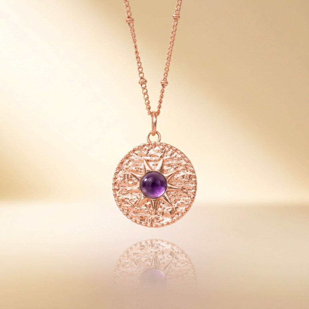 Rose gold amethyst sun necklace — real natural amethyst, handmade UK