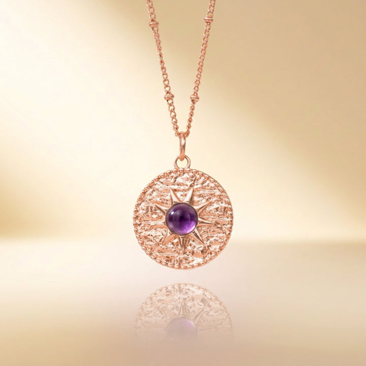 Rose gold amethyst sun necklace — real natural amethyst, handmade UK