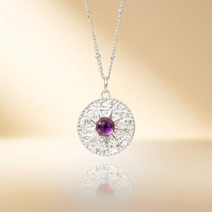 Silver amethyst sun necklace — real natural amethyst, handmade UK
