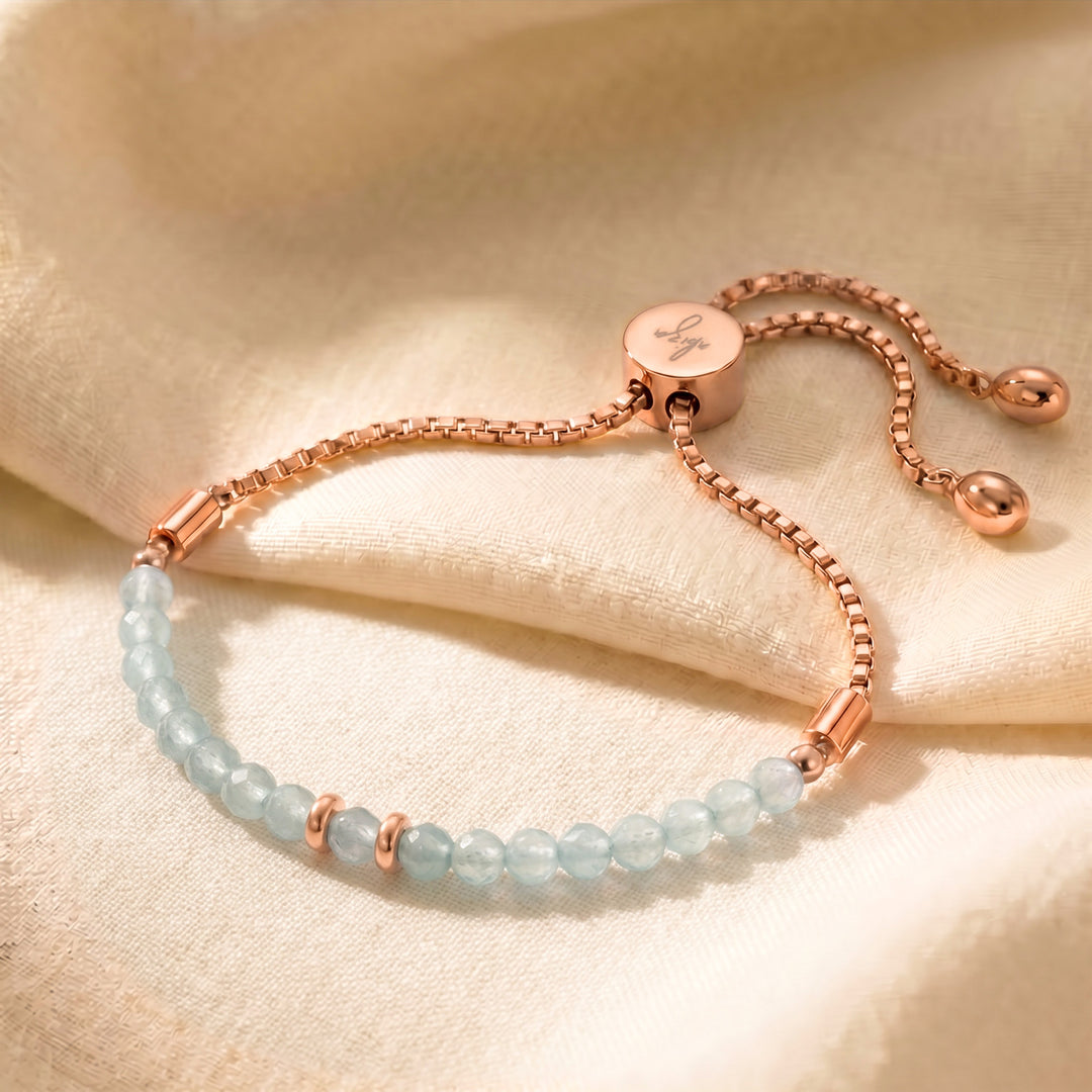 Rose gold March birthstone aquamarine bracelet with genuine aquamarine beads, adjustable slider chain