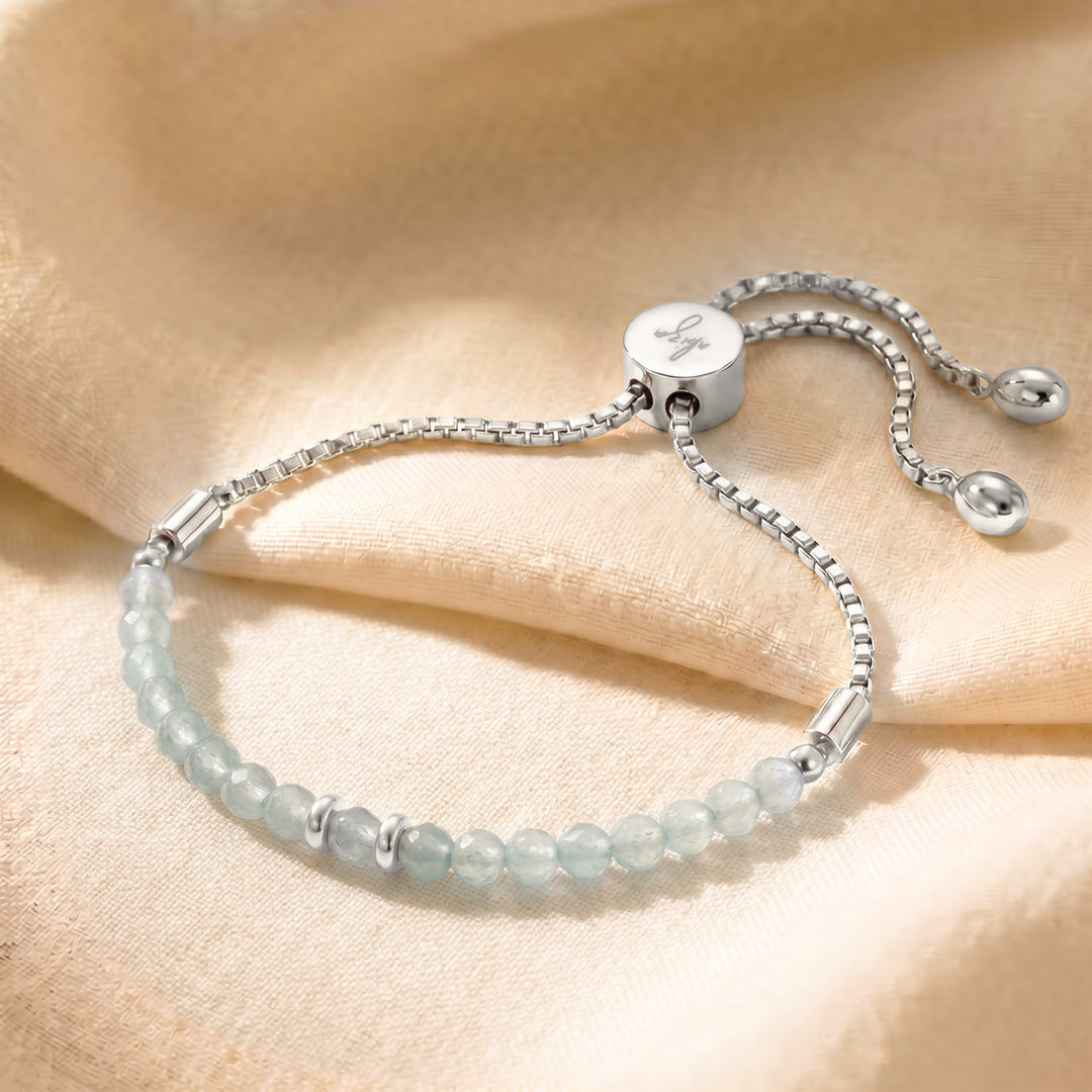 Silver March birthstone aquamarine bracelet with adjustable slider chain
