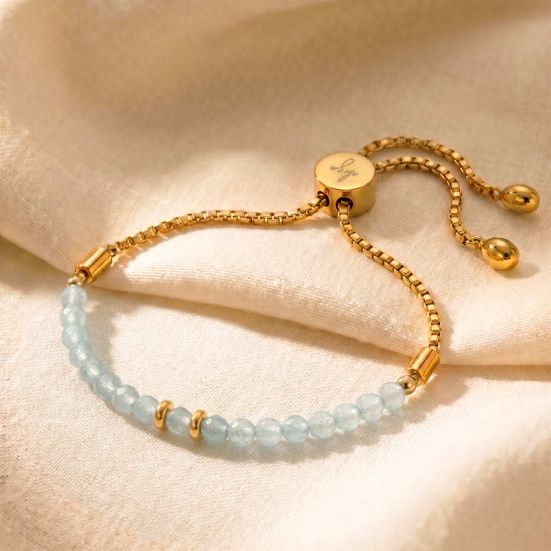 Gold March birthstone aquamarine bracelet with 4mm genuine aquamarine beads on adjustable slider chain