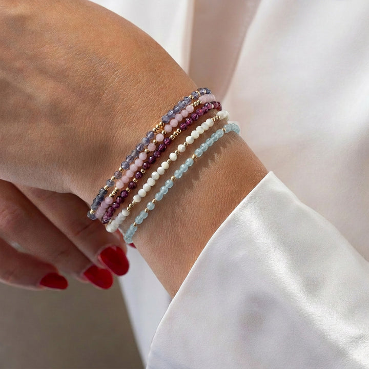 14K gold filled Aquamarine bracelet stacked with other Abiza Skinny bracelets
