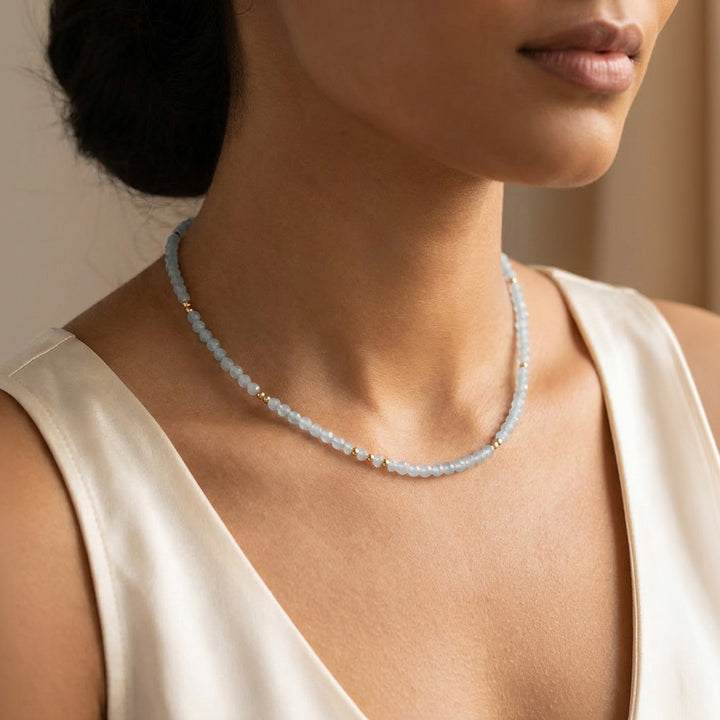 Real aquamarine bead necklace 14k gold filled on model — March birthstone