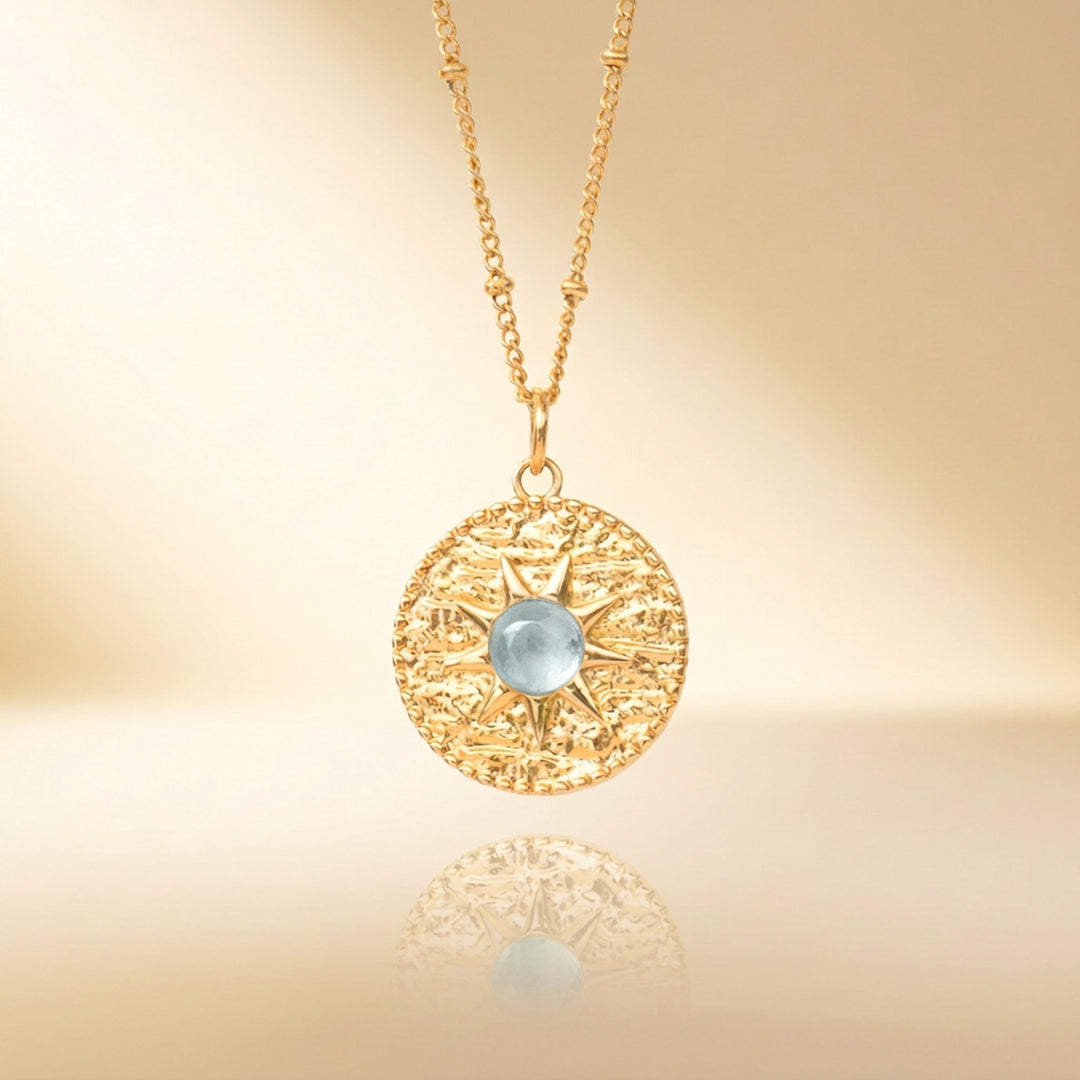 Gold aquamarine sun necklace — real natural aquamarine, handmade UK