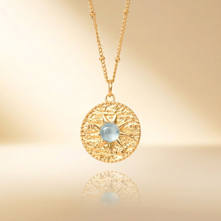 Gold aquamarine sun necklace — real natural aquamarine, handmade UK