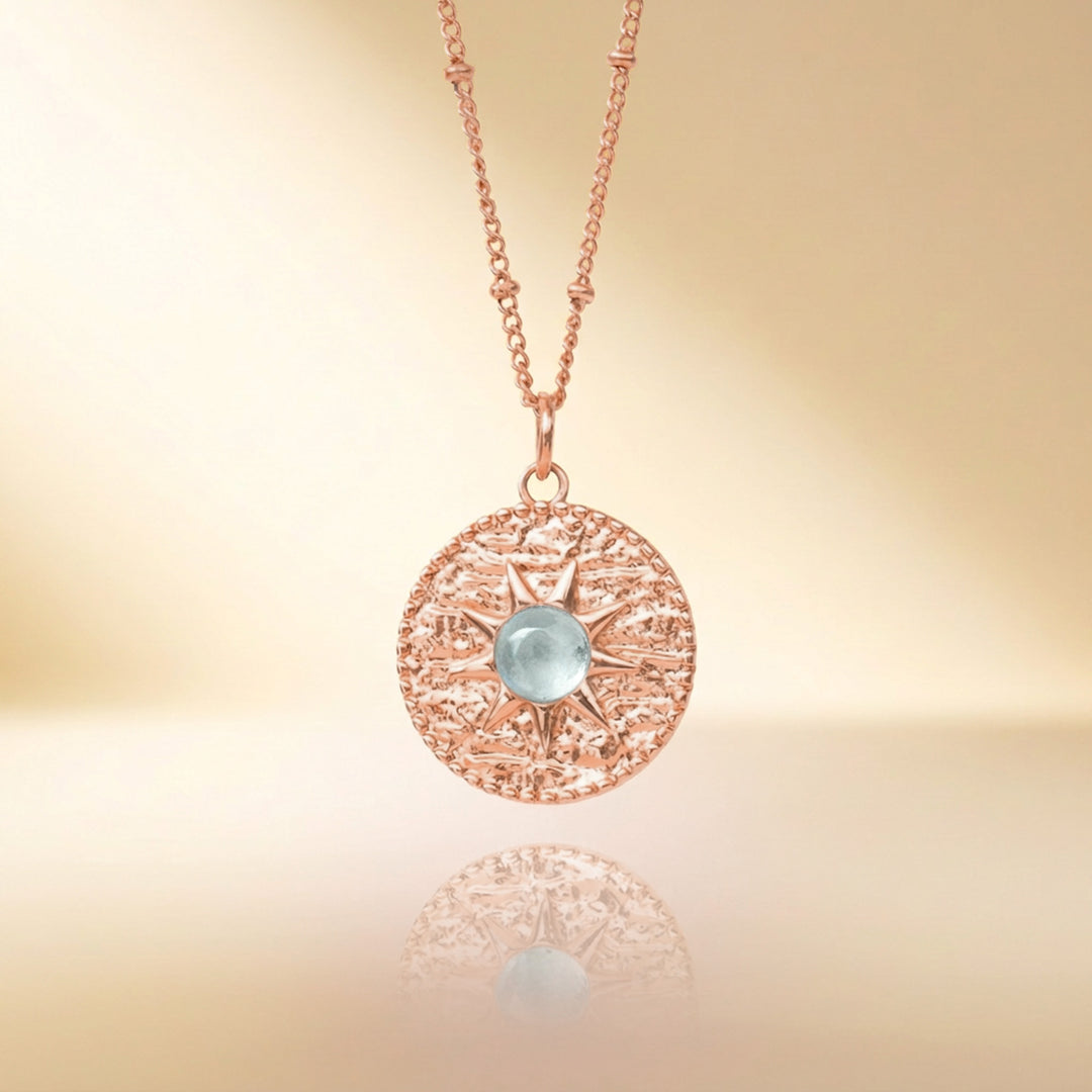 Rose gold aquamarine sun necklace — real natural aquamarine, handmade UK