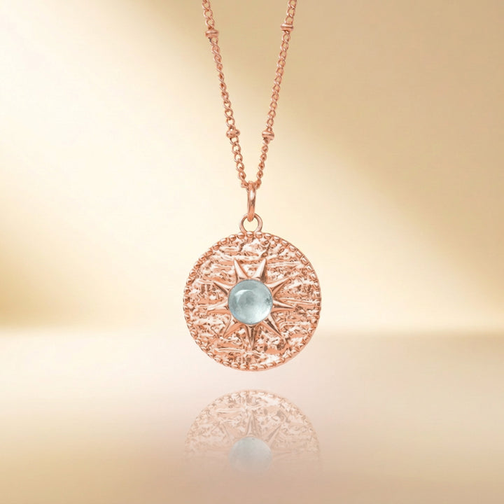 Rose gold aquamarine sun necklace — real natural aquamarine, handmade UK