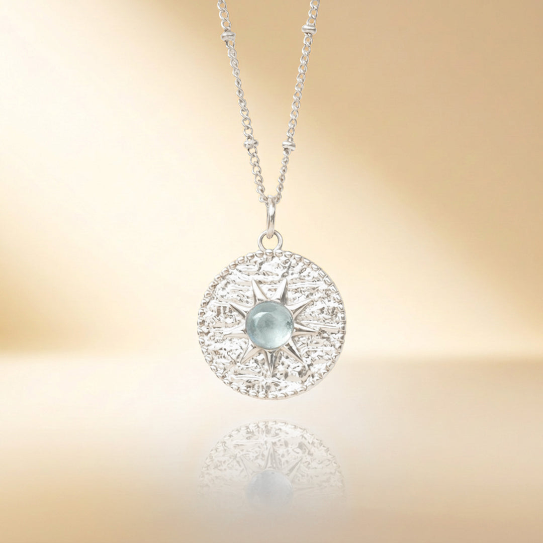 Silver aquamarine sun necklace — real natural aquamarine, handmade UK
