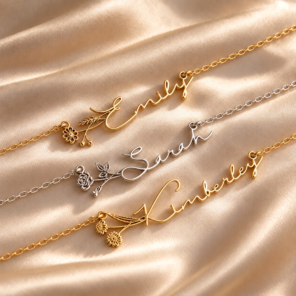 Three birth flower name necklaces in gold and silver with daisy, rose and sunflower designs