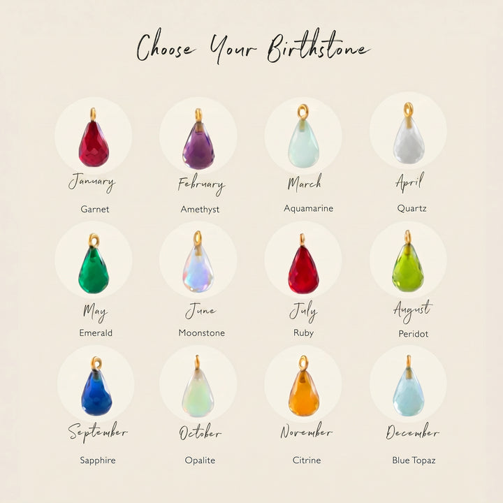 Crystal birthstone colour chart — choose your birth month for the teardrop pendant