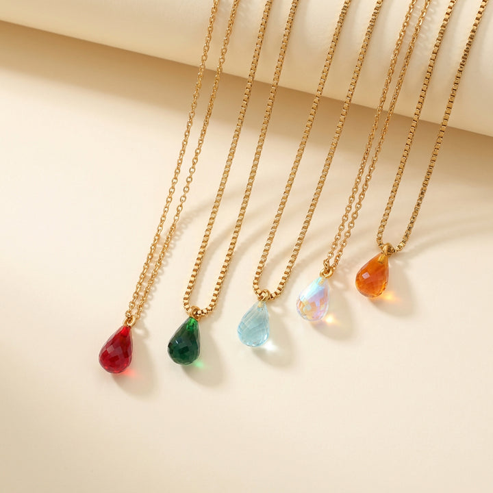 Crystal birthstone teardrop pendants in garnet, emerald, blue topaz, moonstone and citrine— colour range for the necklace