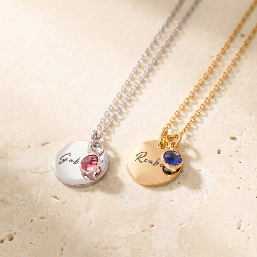 Two name necklaces with birthstones in Gold and Silver together