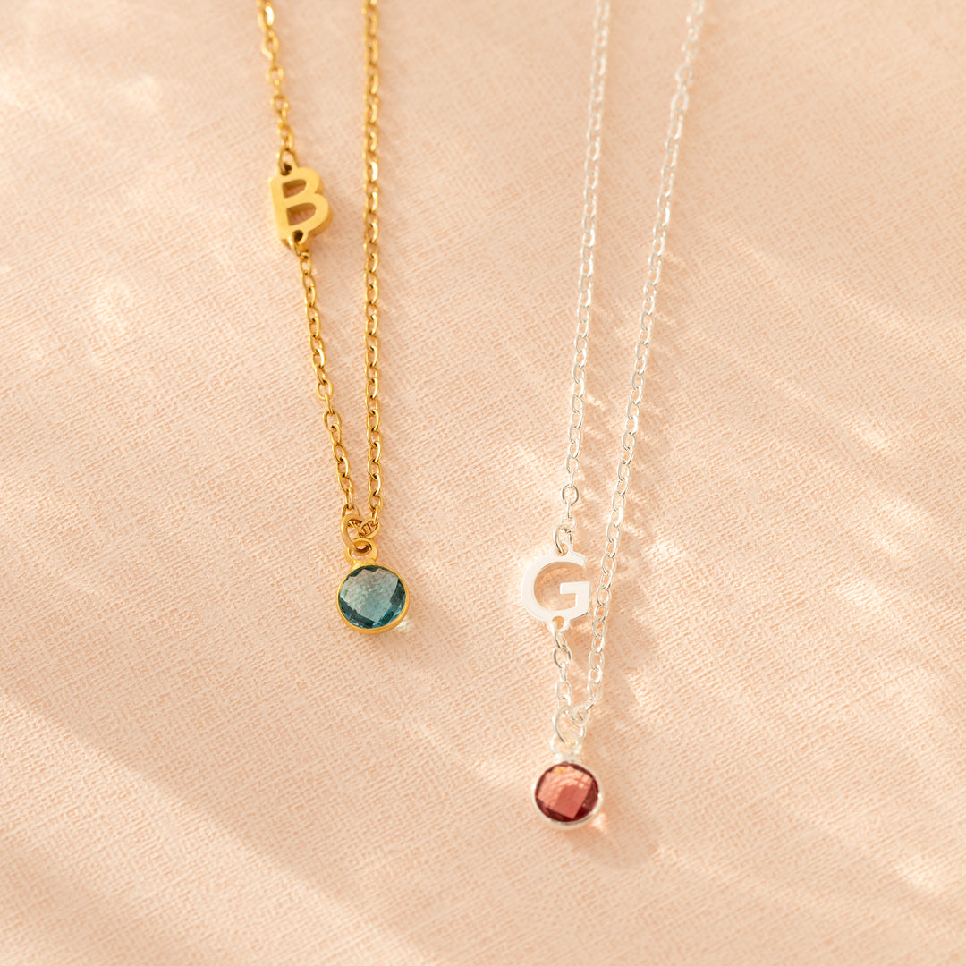 Sideways initial and birthstone necklace