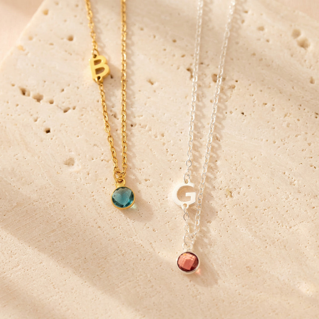 Sideways Initial &amp; Birthstone Necklace
