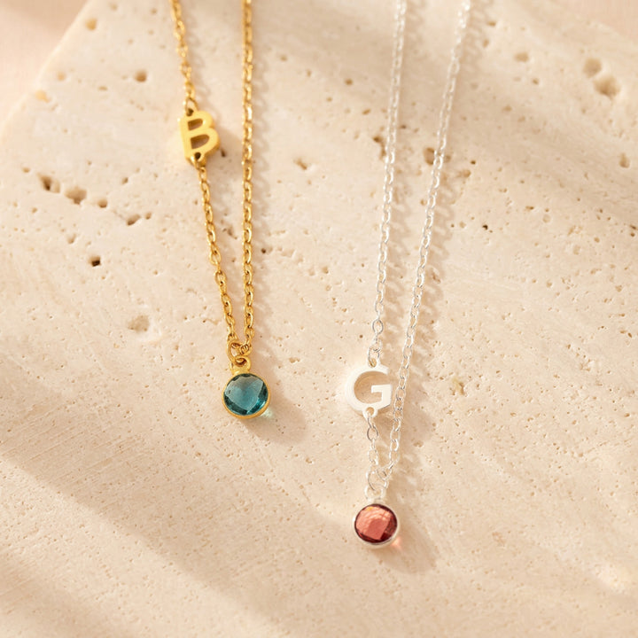 Sideways Initial &amp; Birthstone Necklace
