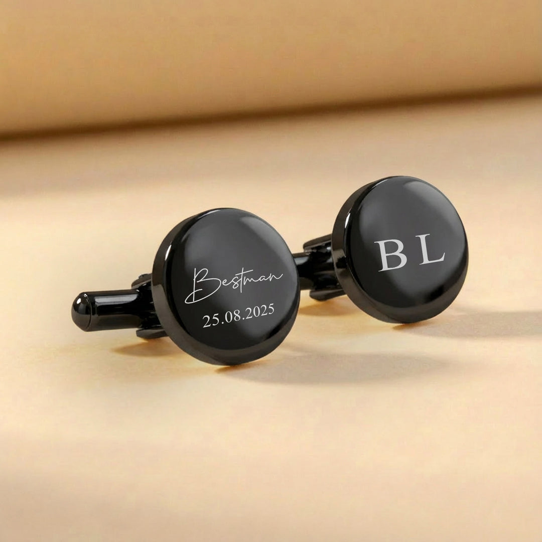 Black best man cufflinks with white engraved lettering and wedding date