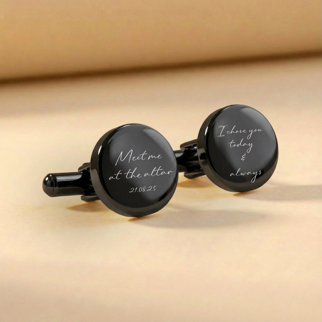 Black groom cufflinks engraved Meet me at the altar and I chose you today and always