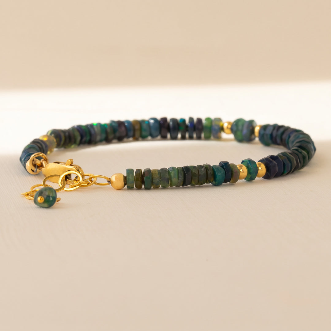 Black opal bracelet lobster clasp and extender — 14K gold filled hardware
