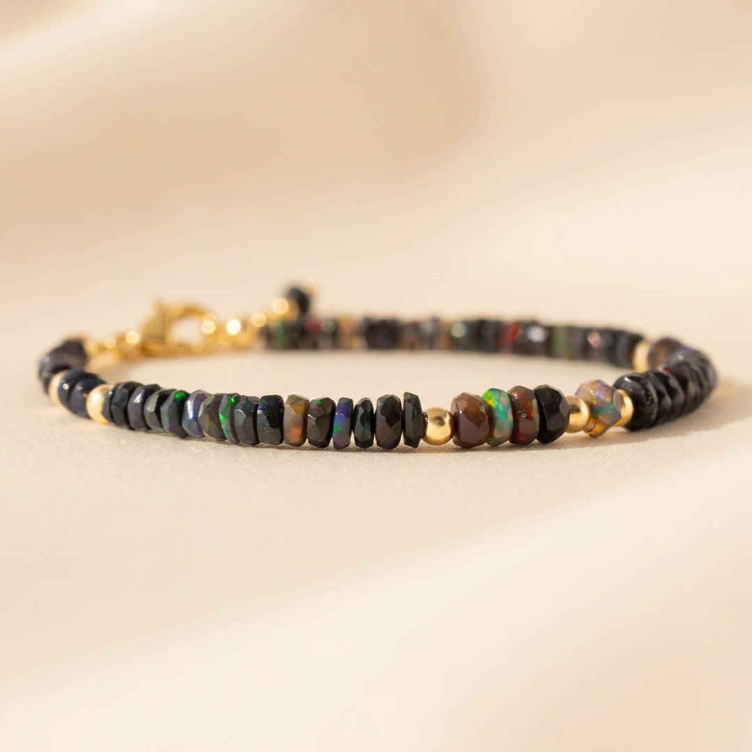 14K gold filled black opal bracelet — graduated 3.5 to 5mm hand-cut faceted rondelle beads