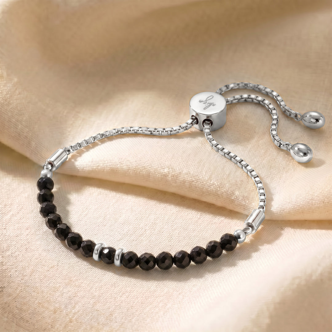 Silver October birthstone black tourmaline bracelet with adjustable slider chain