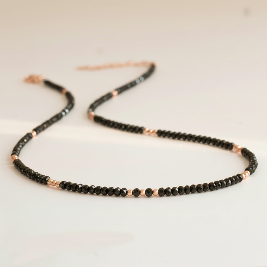 Black Tourmaline Bead Necklace  Rose Gold