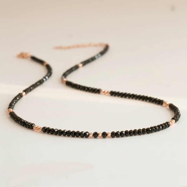 Black Tourmaline Bead Necklace  Rose Gold