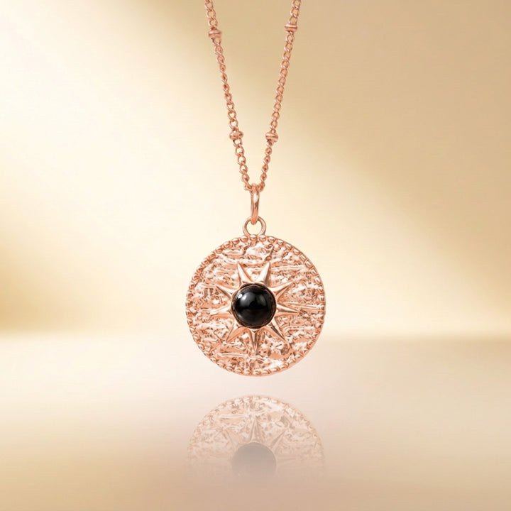 Rose gold black tourmaline sun necklace — real black tourmaline, handmade UK