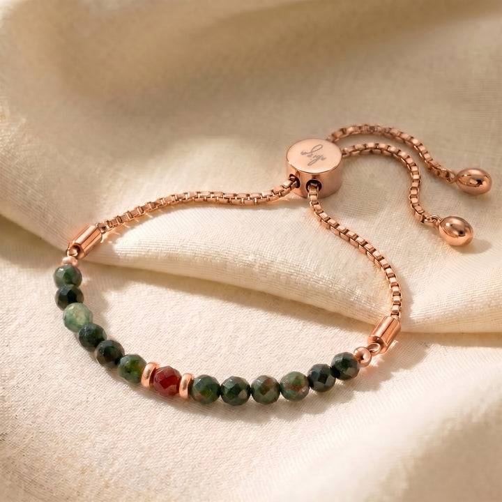 Rose gold bloodstone bracelet with genuine bloodstone beads, adjustable slider chain