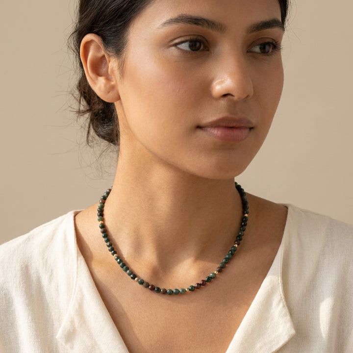 14K gold filled bloodstone necklace on model — Warrior&