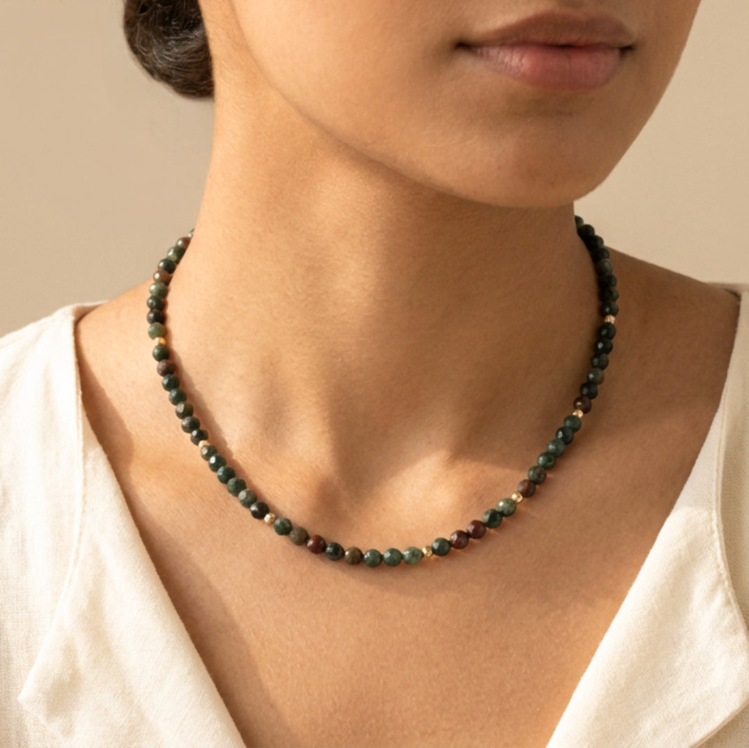 Real bloodstone necklace on model — hand-strung in our Chester studio, Root Chakra grounding stone