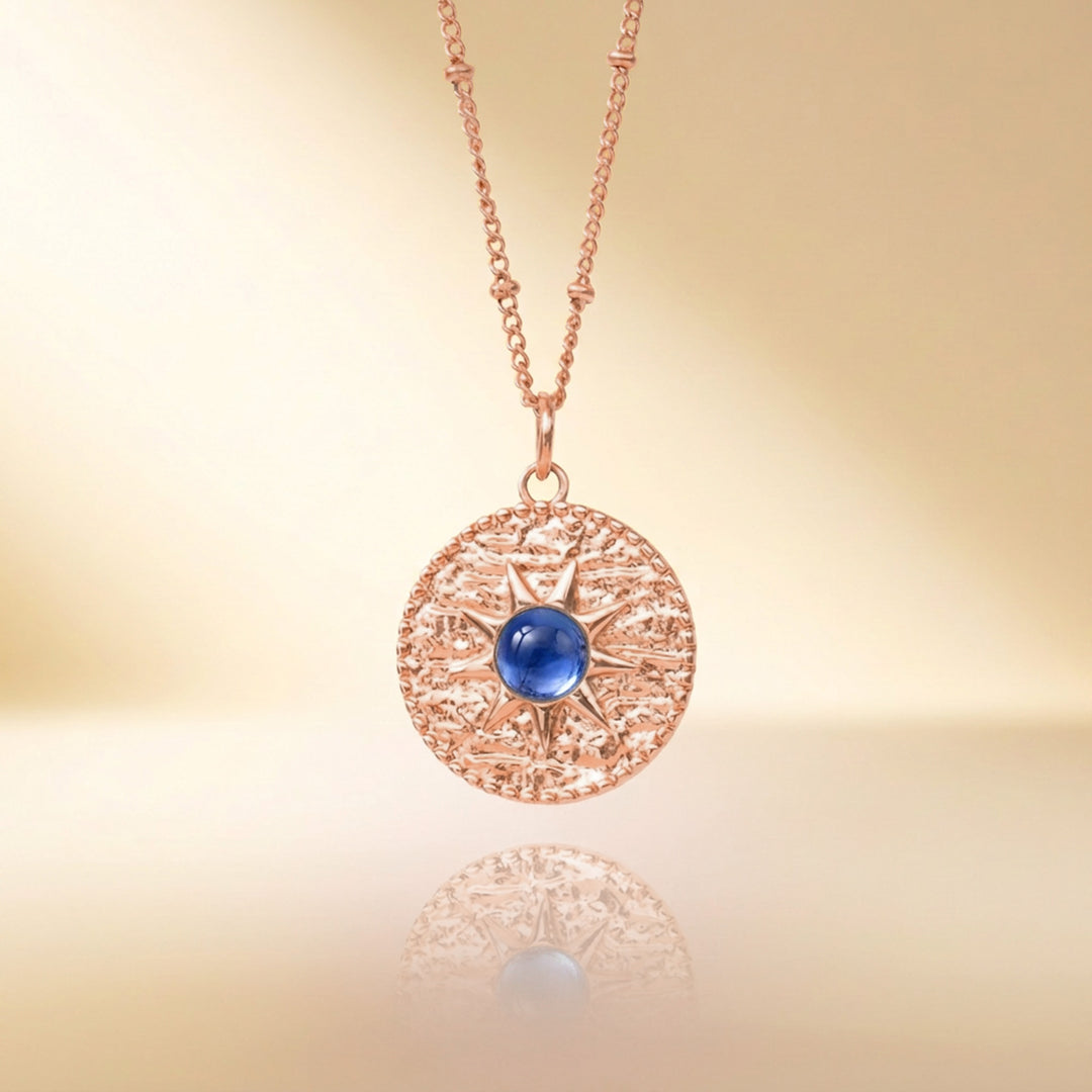 Rose gold blue sapphire sun necklace — September birthstone, handmade UK