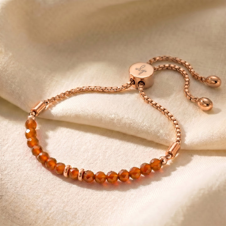 Rose gold carnelian bracelet with genuine carnelian beads, adjustable slider chain