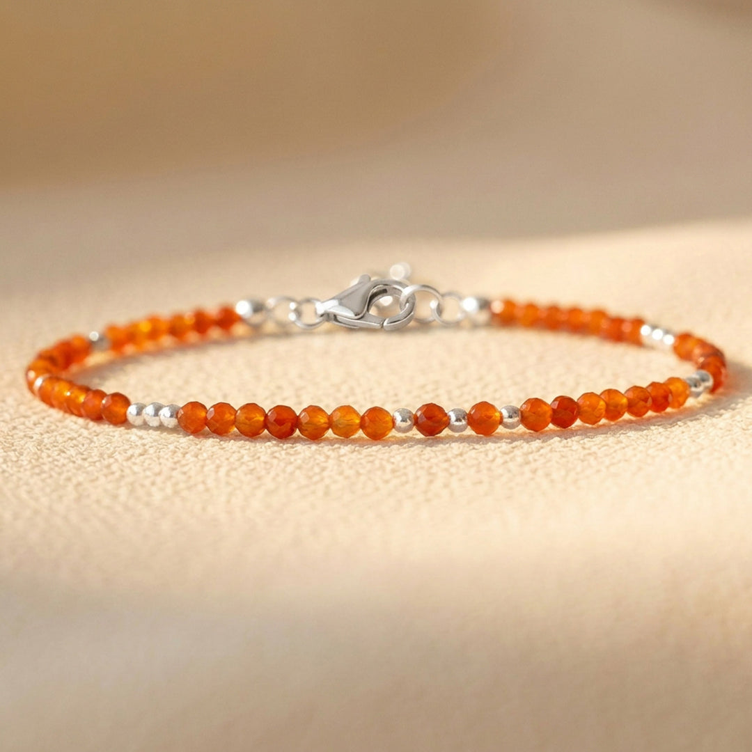 Skinny Carnelian Bracelet in Sterling Silver — real Carnelian beads in a dainty silver finish, beaded throughout
