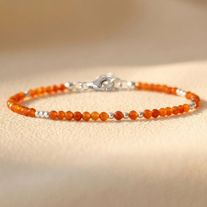 Skinny Carnelian Bracelet in Sterling Silver — real Carnelian beads in a dainty silver finish, beaded throughout
