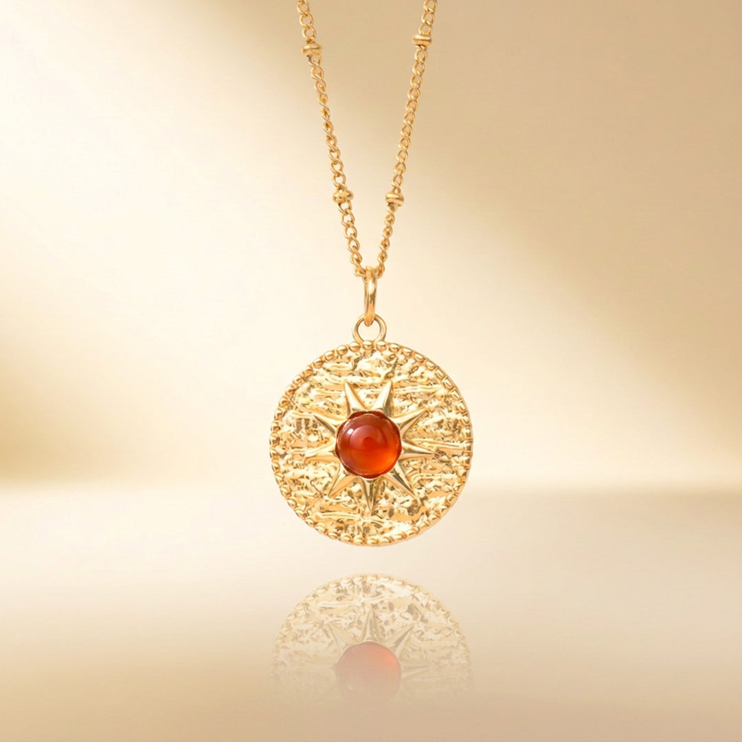 Gold carnelian sun necklace — real natural carnelian, handmade UK