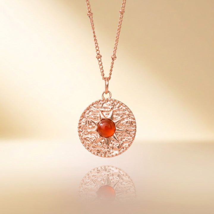 Rose gold carnelian sun necklace — real natural carnelian, handmade UK