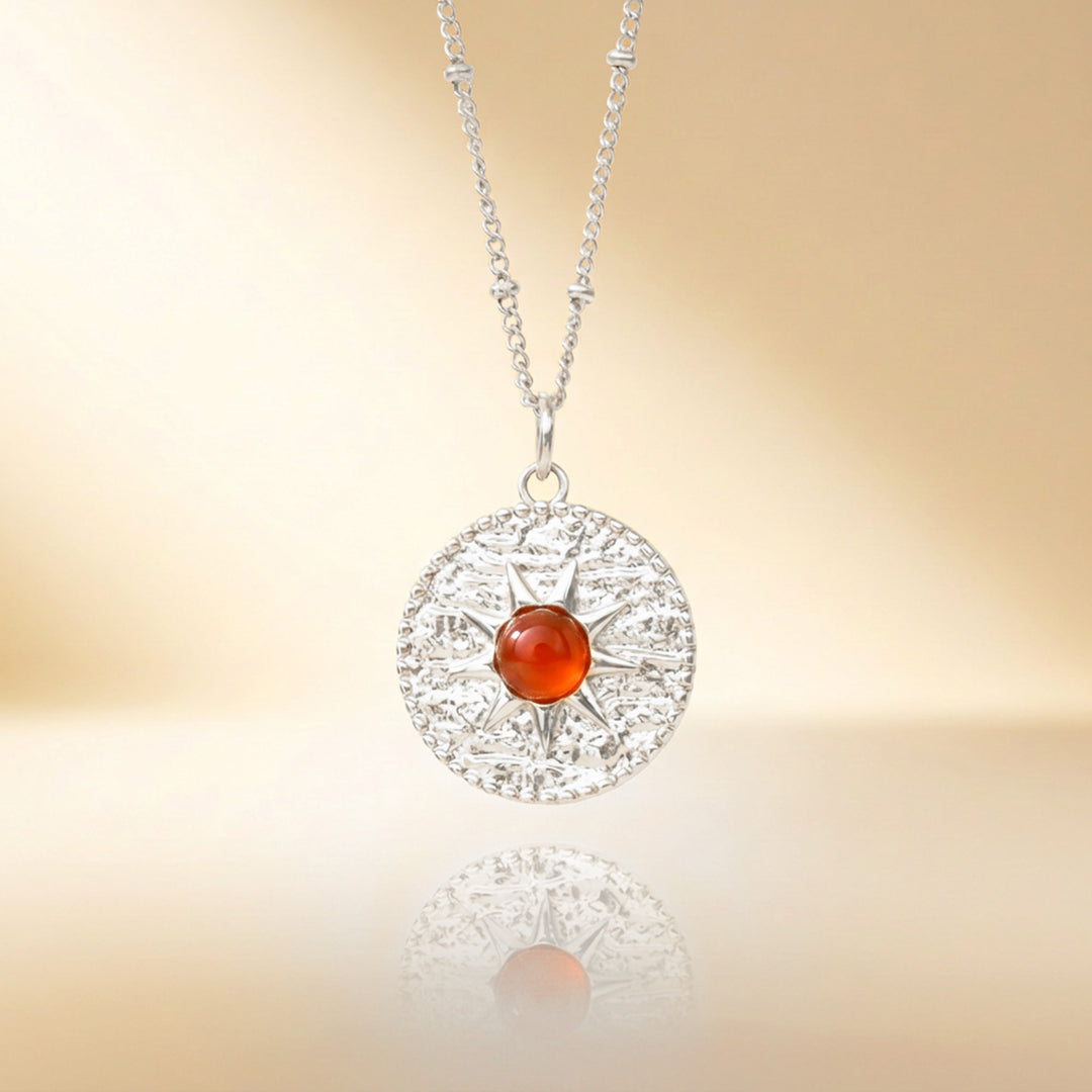 Silver carnelian sun necklace — real natural carnelian, handmade UK