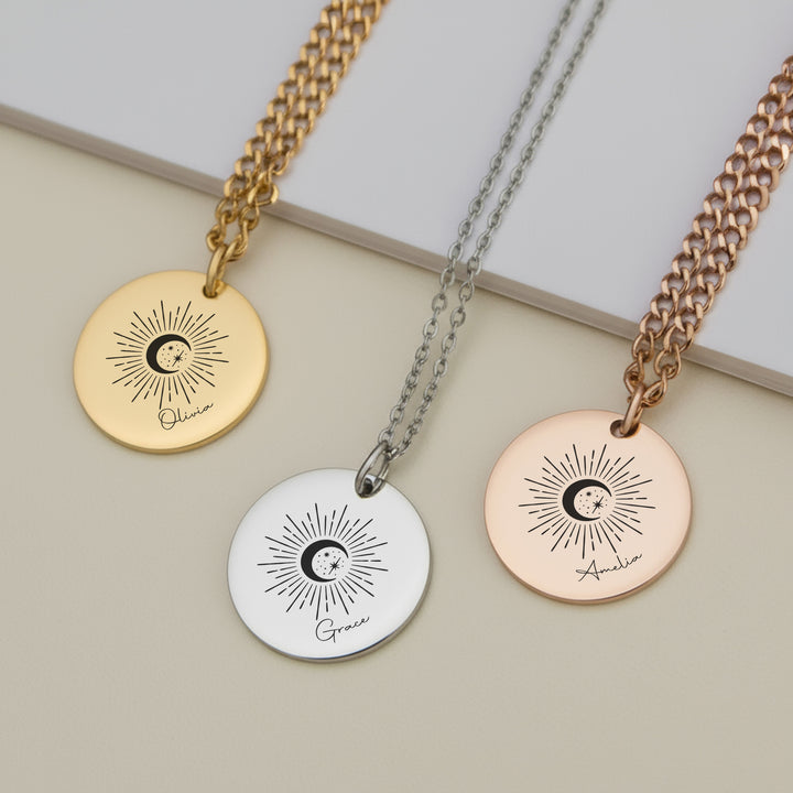 Personalised celestial name necklaces in gold, silver and rose gold with sun, moon and stars design