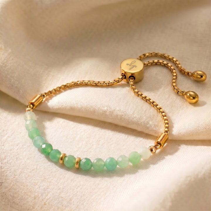 Gold chrysoprase bracelet with 4mm genuine apple-green chrysoprase beads on adjustable slider chain