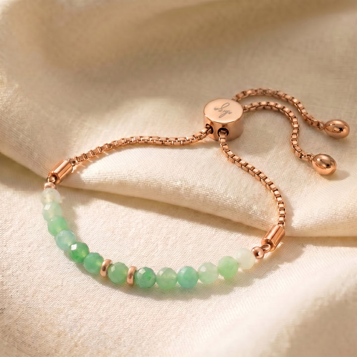 Rose gold chrysoprase bracelet with genuine chrysoprase beads, adjustable slider chain