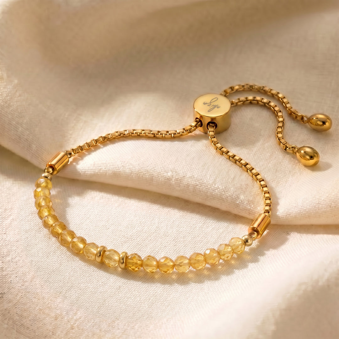 Gold November birthstone citrine bracelet with 4mm genuine citrine beads on adjustable slider chain