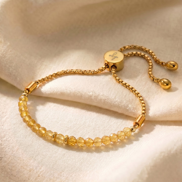 Gold November birthstone citrine bracelet with 4mm genuine citrine beads on adjustable slider chain