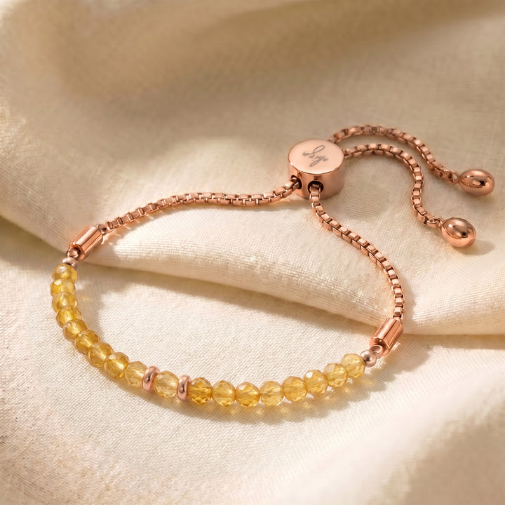 Rose gold November birthstone citrine bracelet with genuine citrine beads, adjustable slider chain