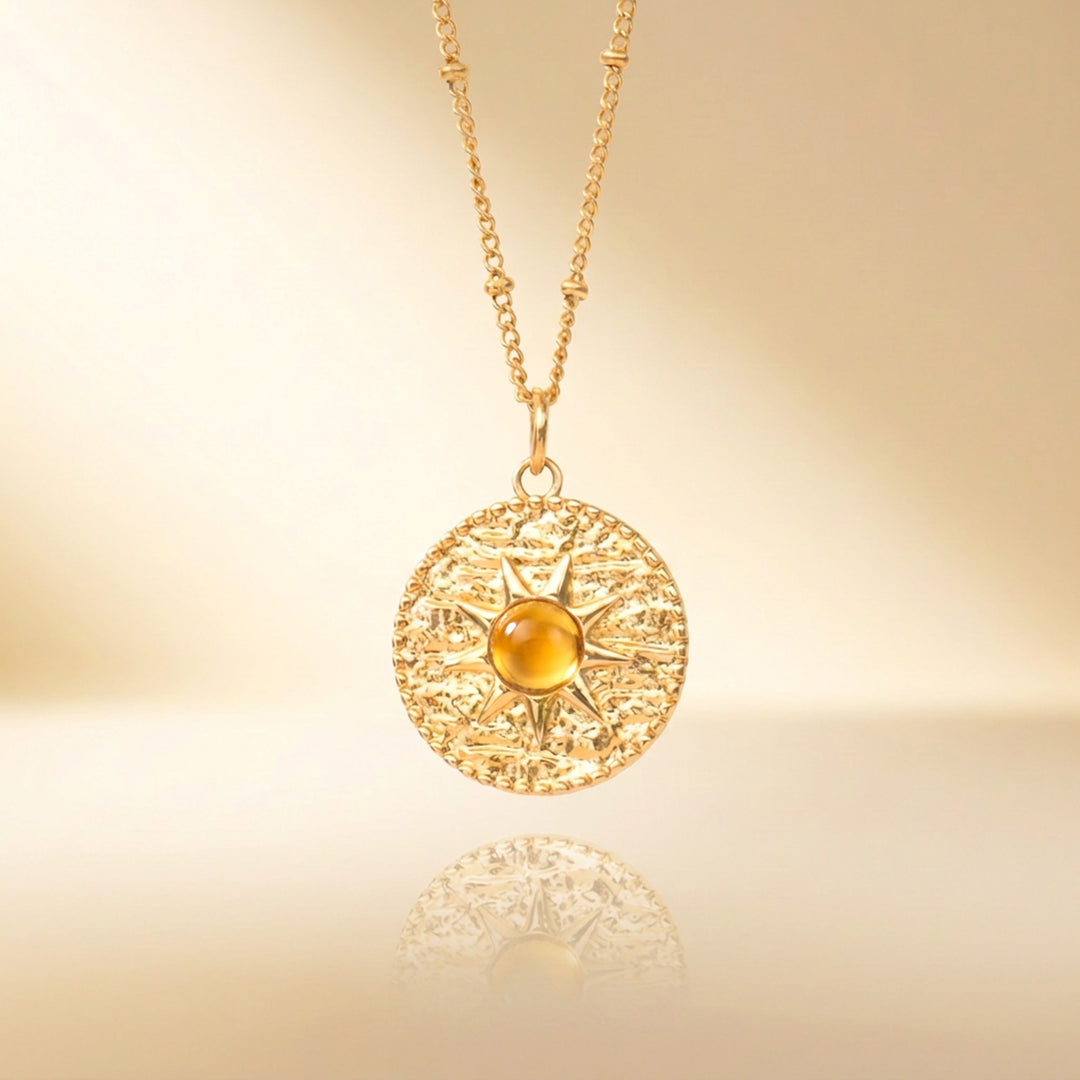 Gold citrine sun necklace — real natural citrine, handmade UK