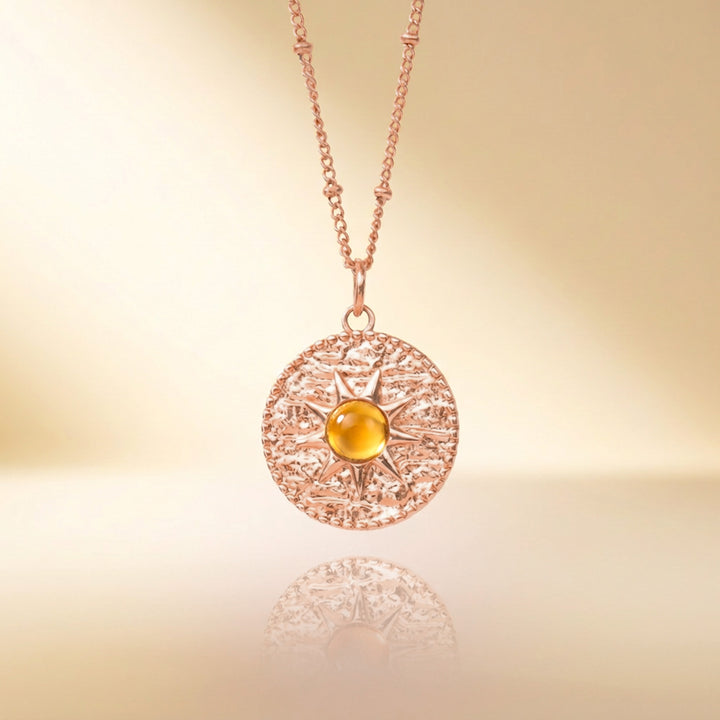 Rose gold citrine sun necklace — real natural citrine, handmade UK